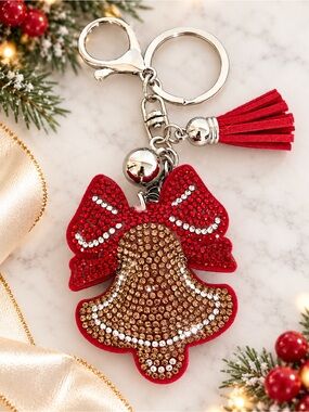 Christmas Bell Rhinestone Bag Charm Keychain Red Bow Crystal Purse Charm